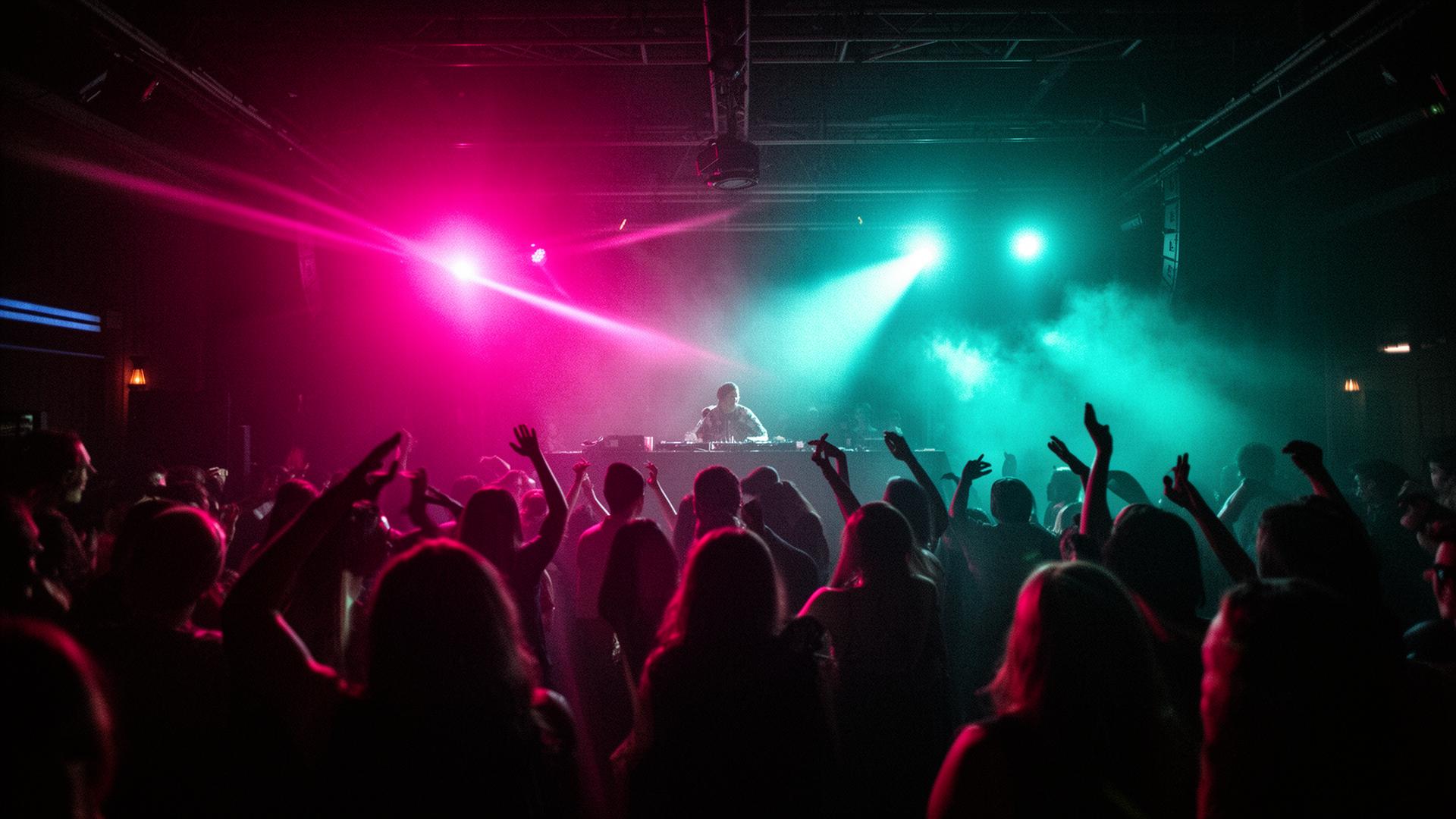 Crowd dancing under stage lights